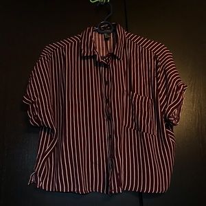 maroon &white striped slightly cropped button down